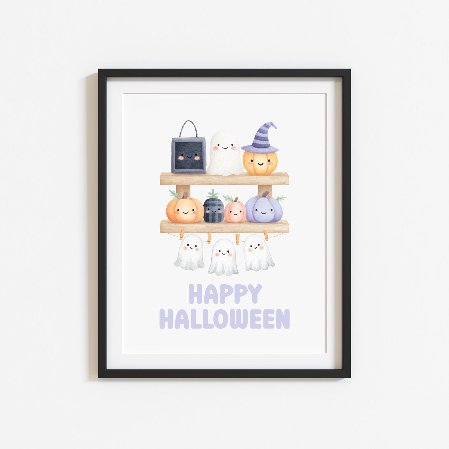 Halloween print, pastel spooky shelfie pumpkins ghosts watercolour seasonal unframed wall art poster