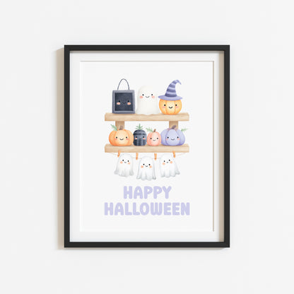 Halloween print, pastel spooky shelfie pumpkins ghosts watercolour seasonal unframed wall art poster