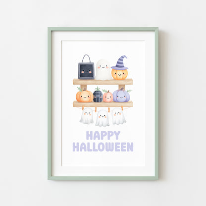 Halloween print, pastel spooky shelfie pumpkins ghosts watercolour seasonal unframed wall art poster