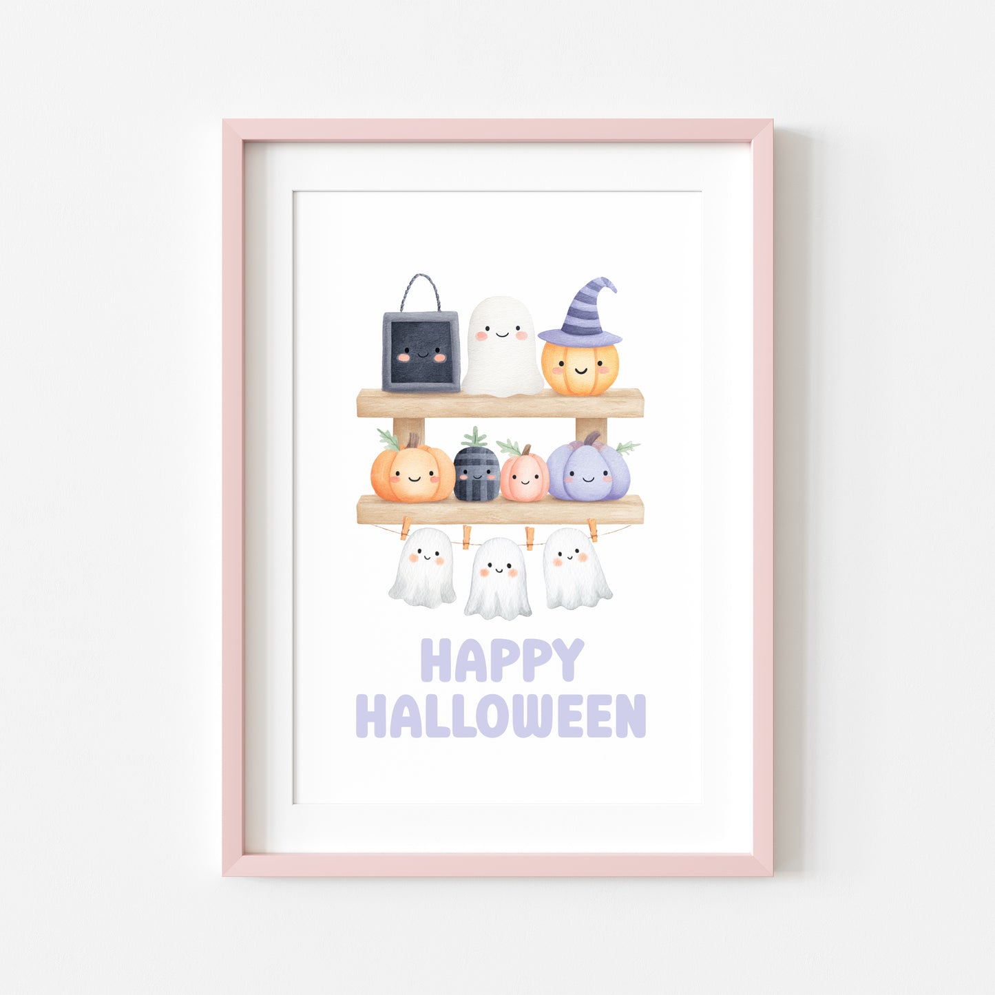 Halloween print, pastel spooky shelfie pumpkins ghosts watercolour seasonal unframed wall art poster