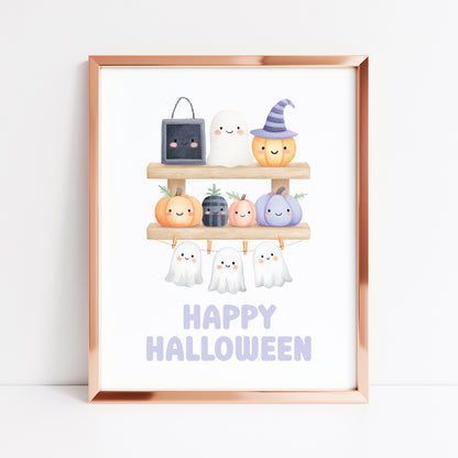 Halloween print, pastel spooky shelfie pumpkins ghosts watercolour seasonal unframed wall art poster