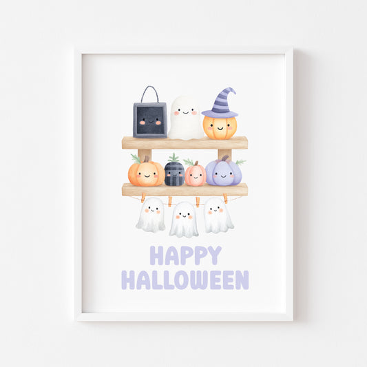 Halloween print, pastel spooky shelfie pumpkins ghosts watercolour seasonal unframed wall art poster