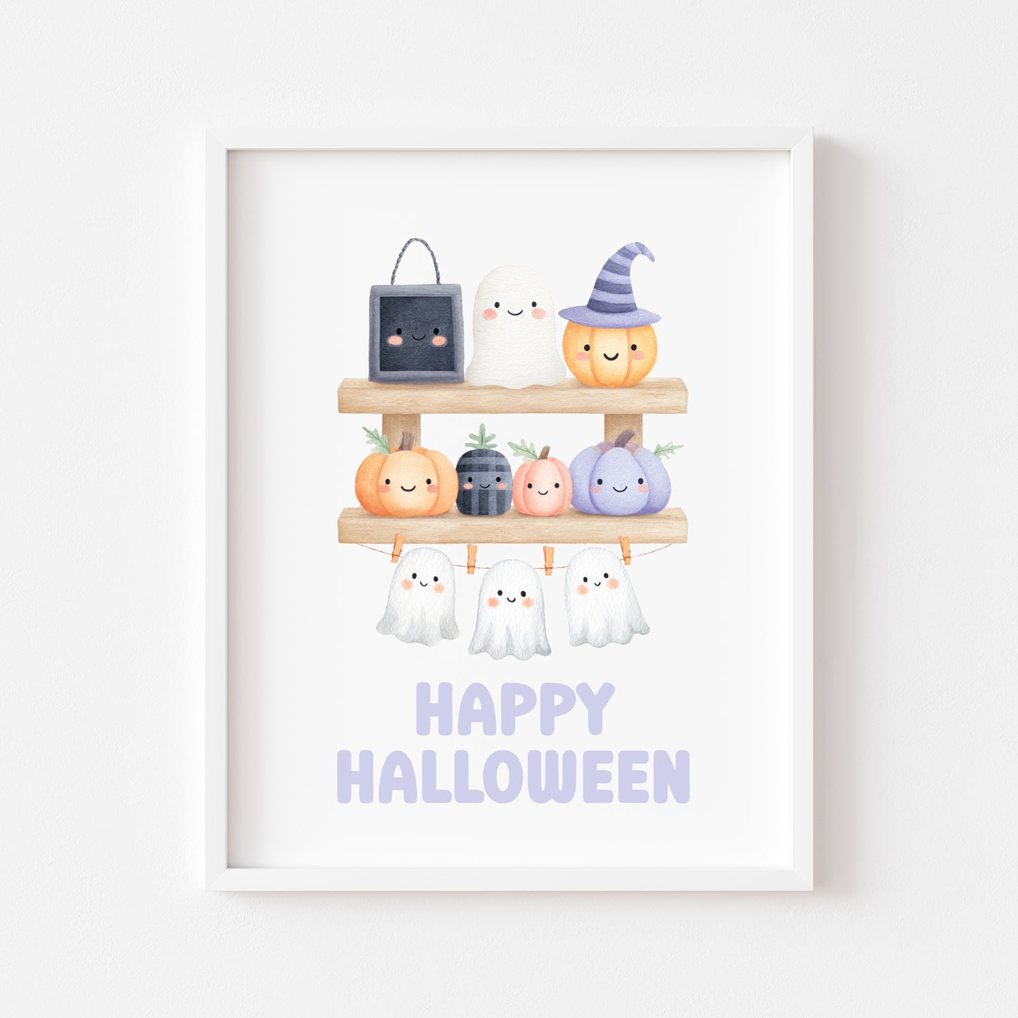 Halloween print, pastel spooky shelfie pumpkins ghosts watercolour seasonal unframed wall art poster