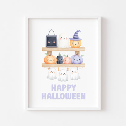 Halloween print, pastel spooky shelfie pumpkins ghosts watercolour seasonal unframed wall art poster