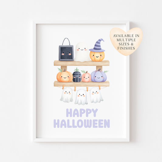Halloween print, pastel spooky shelfie pumpkins ghosts watercolour seasonal unframed wall art poster