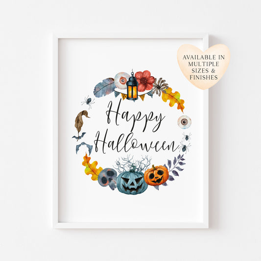 Happy Halloween watercolour spooky wreath seasonal unframed wall art poster print
