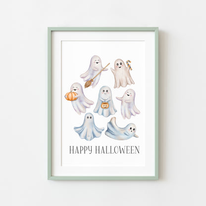 Happy Halloween cute spooky flying ghosts watercolour halloween unframed wall art poster print, watercolour art, halloween decor, ghosts boo