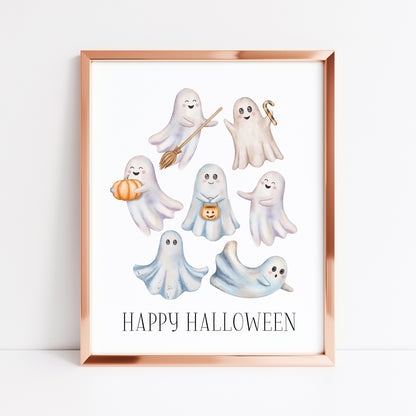 Happy Halloween cute spooky flying ghosts watercolour halloween unframed wall art poster print, watercolour art, halloween decor, ghosts boo