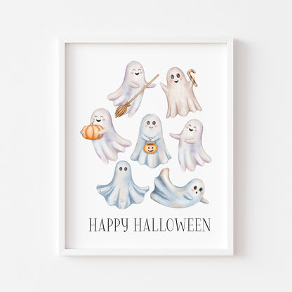 Happy Halloween cute spooky flying ghosts watercolour halloween unframed wall art poster print, watercolour art, halloween decor, ghosts boo