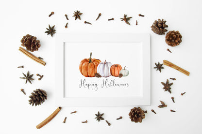Happy halloween orange white pumpkin arrangements seasonal landscape unframed wall art poster print
