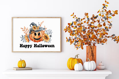 Happy halloween orange & black pumpkins fun seasonal landscape unframed wall art poster print