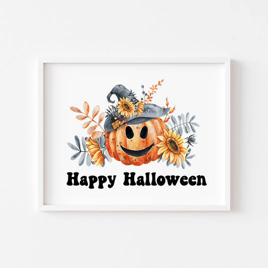 Happy halloween orange & black pumpkins fun seasonal landscape unframed wall art poster print