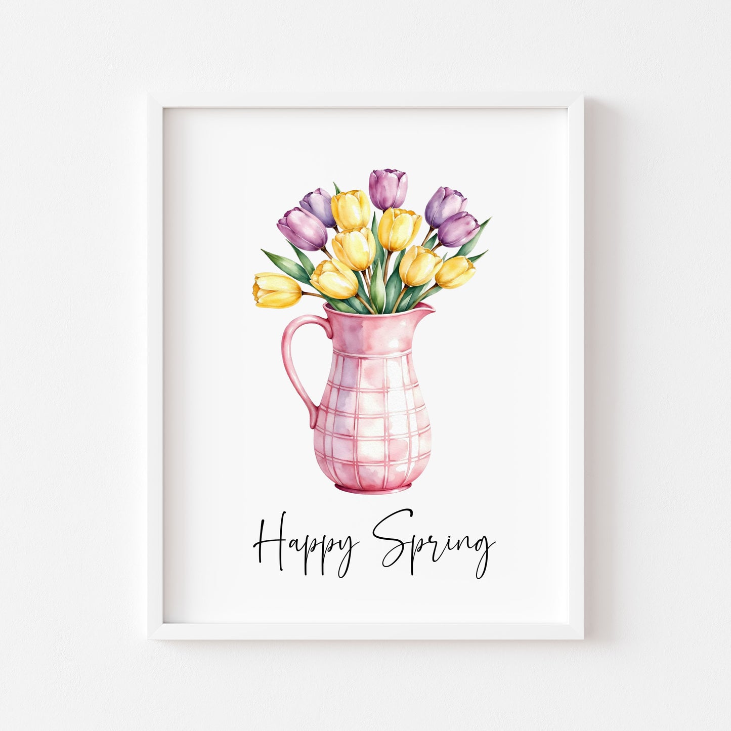 Happy Spring Wall Art Print Floral Tulips Pink Pitcher Kitchen Home Decor (unframed)