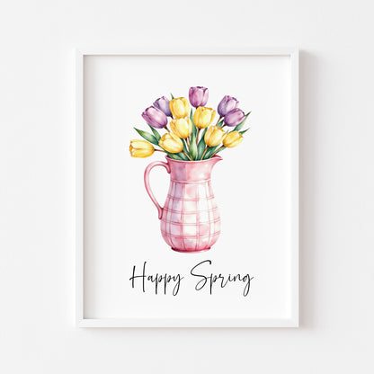 Happy Spring Wall Art Print Floral Tulips Pink Pitcher Kitchen Home Decor (unframed)
