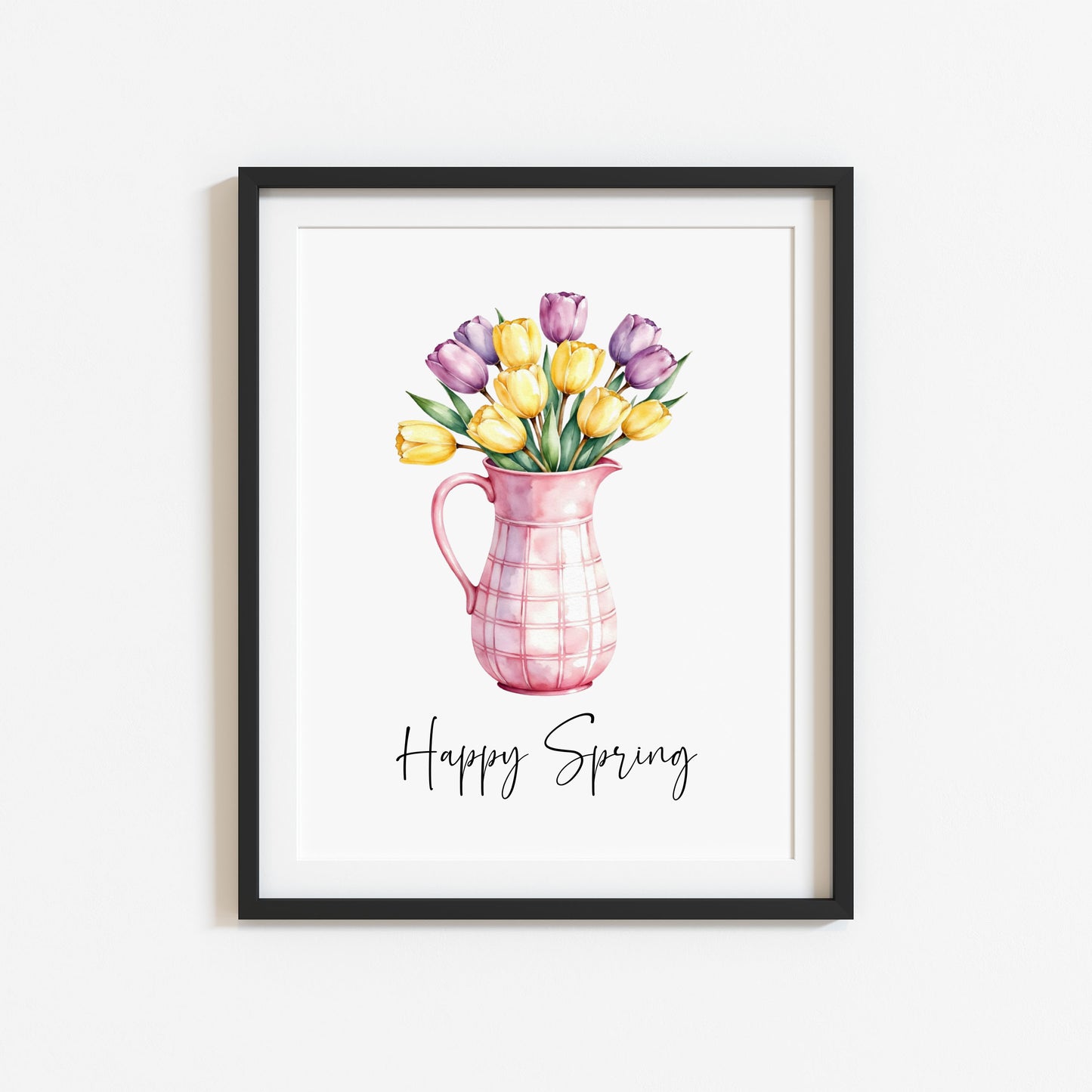 Happy Spring Wall Art Print Floral Tulips Pink Pitcher Kitchen Home Decor (unframed)