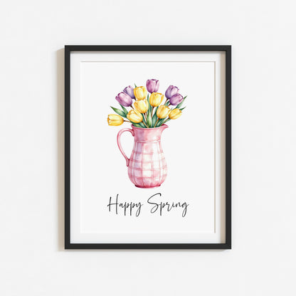Happy Spring Wall Art Print Floral Tulips Pink Pitcher Kitchen Home Decor (unframed)