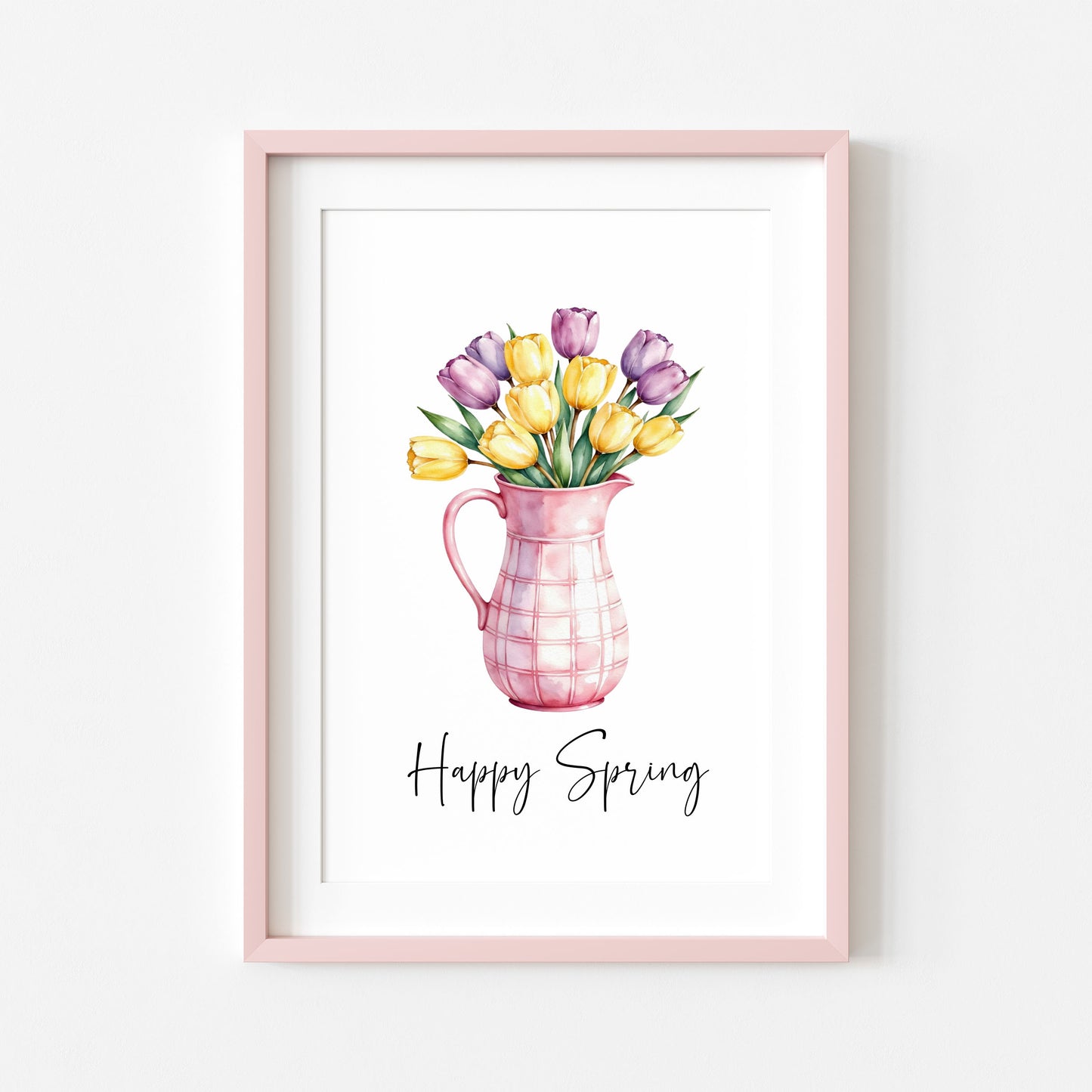 Happy Spring Wall Art Print Floral Tulips Pink Pitcher Kitchen Home Decor (unframed)