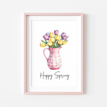 Happy Spring Wall Art Print Floral Tulips Pink Pitcher Kitchen Home Decor (unframed)