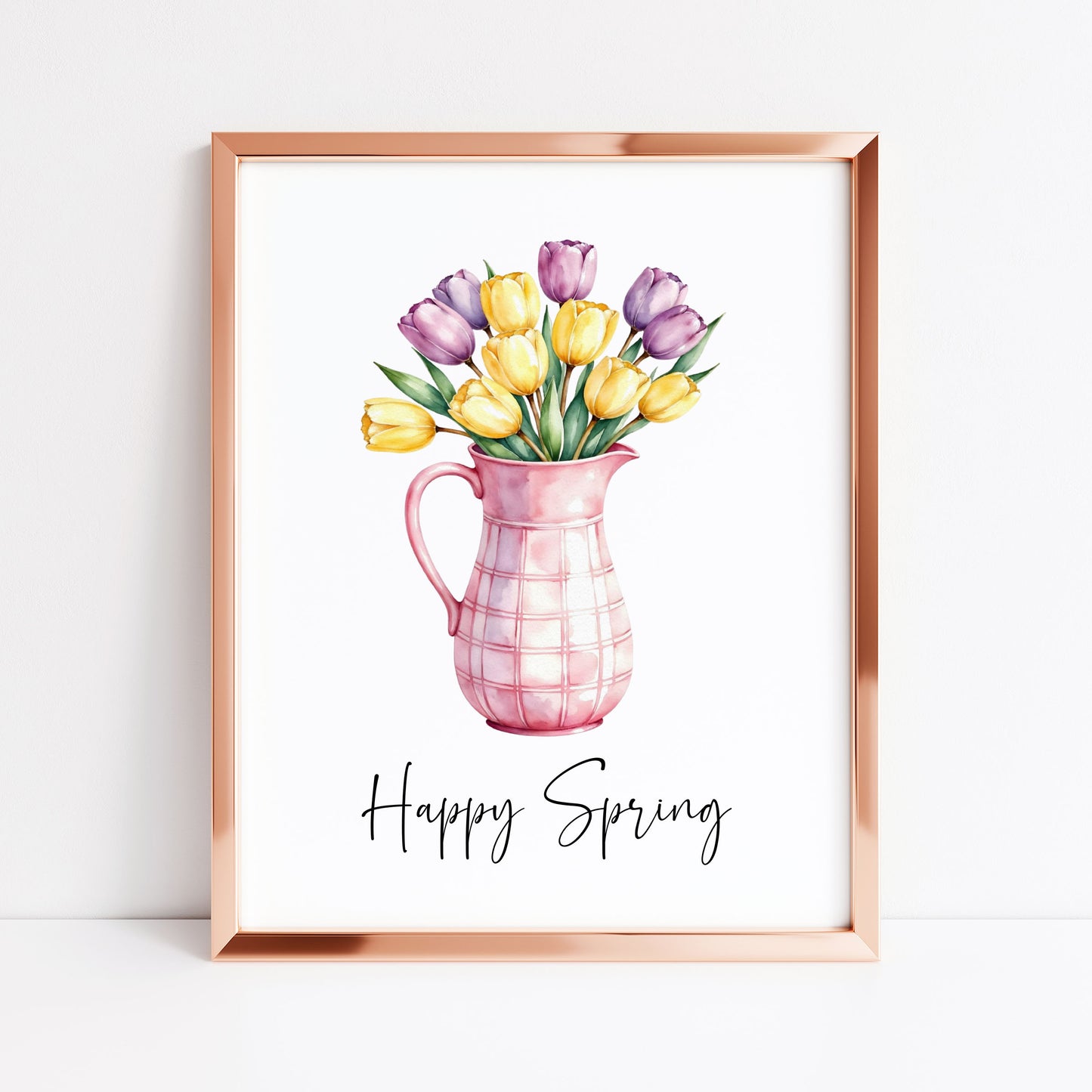 Happy Spring Wall Art Print Floral Tulips Pink Pitcher Kitchen Home Decor (unframed)