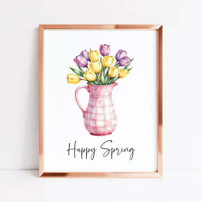Happy Spring Wall Art Print Floral Tulips Pink Pitcher Kitchen Home Decor (unframed)