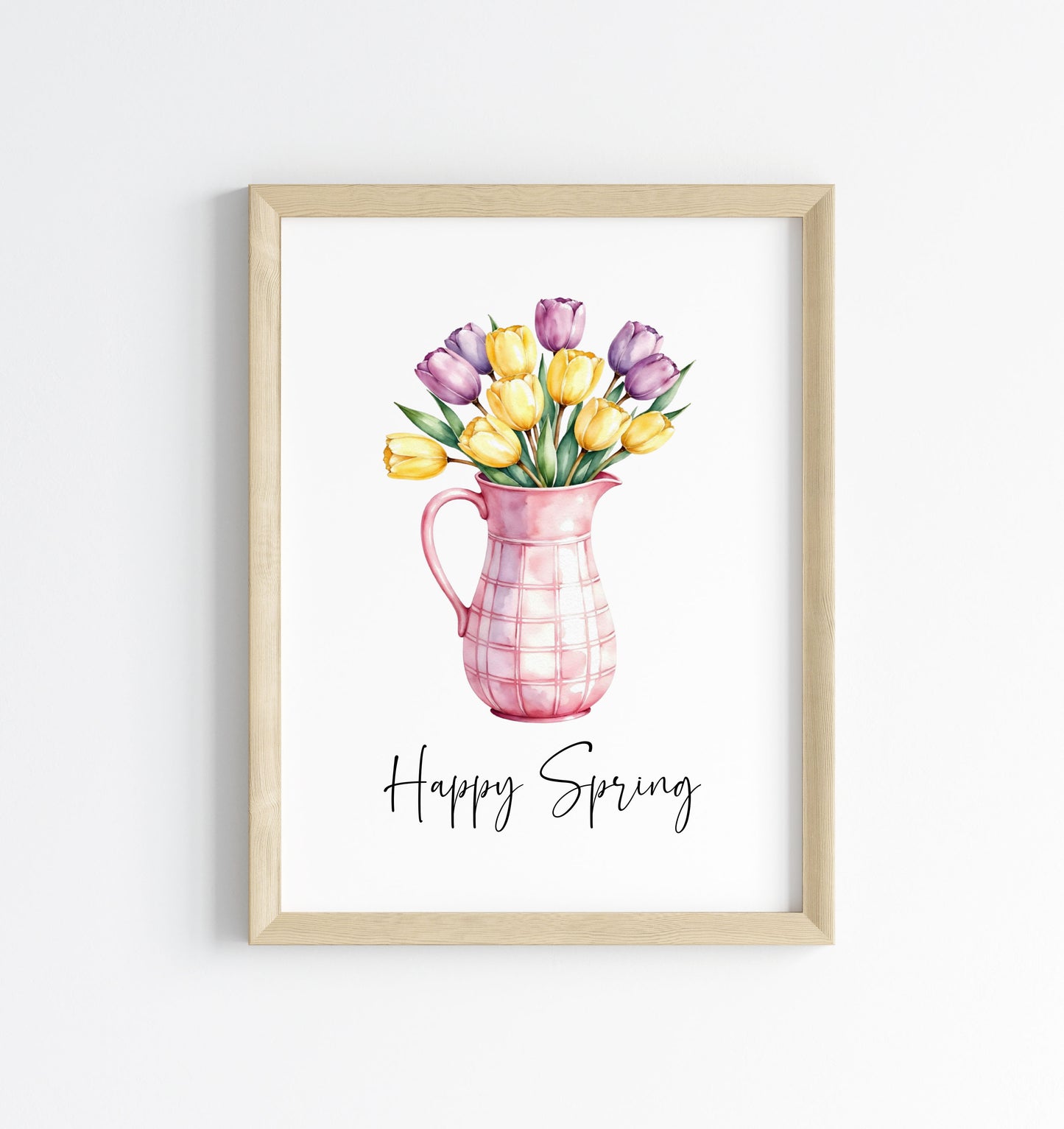 Happy Spring Wall Art Print Floral Tulips Pink Pitcher Kitchen Home Decor (unframed)