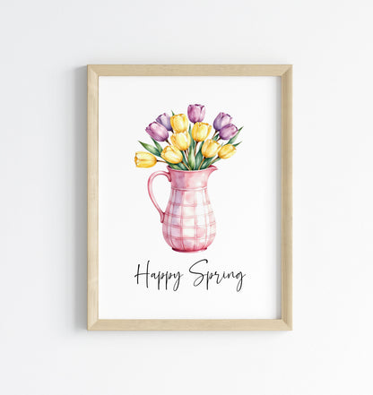 Happy Spring Wall Art Print Floral Tulips Pink Pitcher Kitchen Home Decor (unframed)
