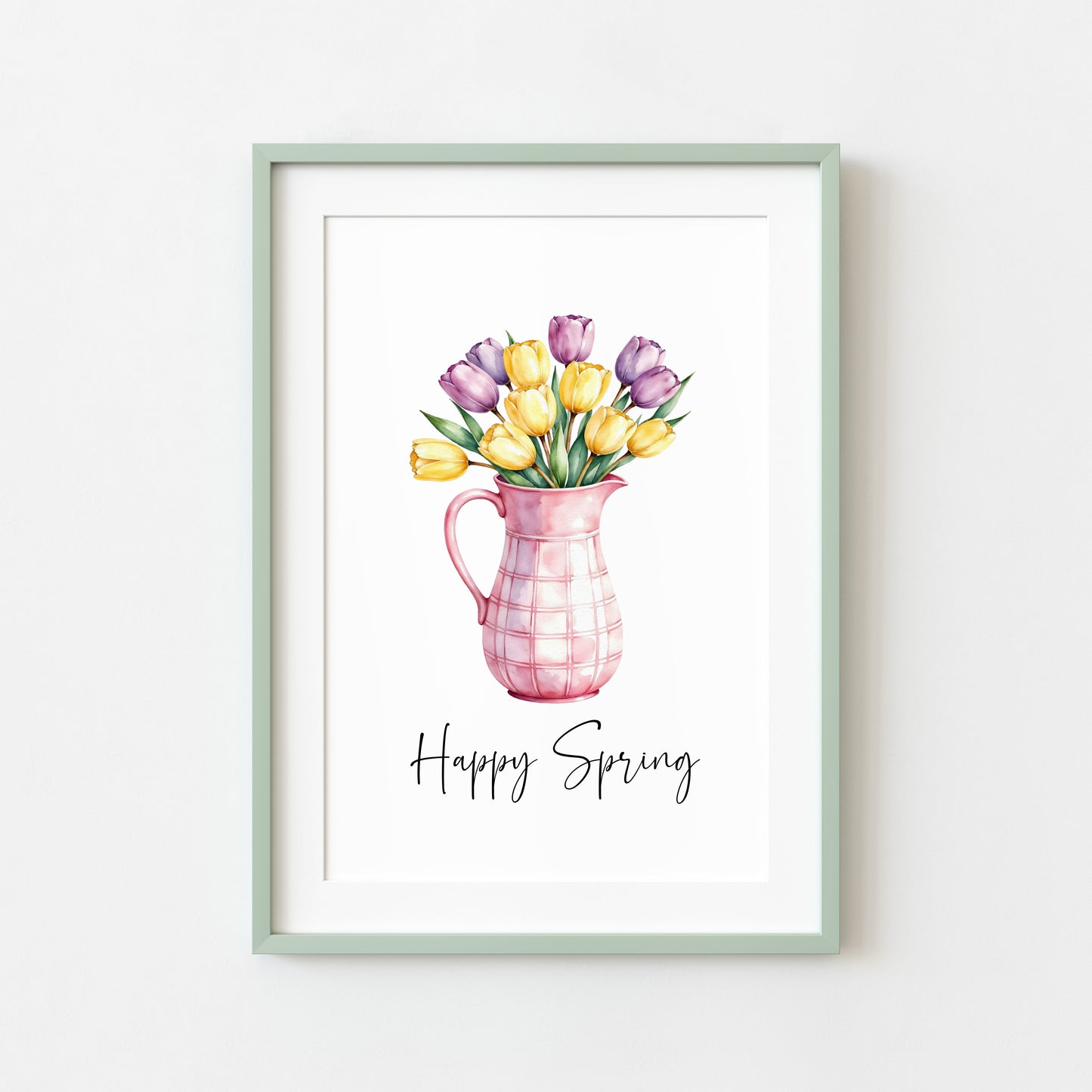 Happy Spring Wall Art Print Floral Tulips Pink Pitcher Kitchen Home Decor (unframed)