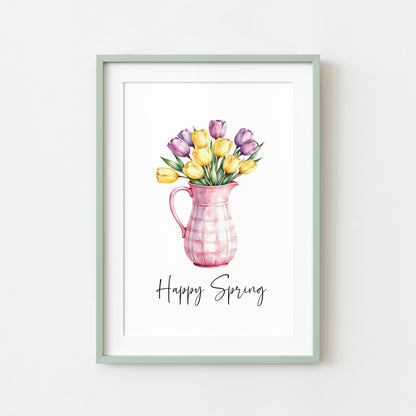 Happy Spring Wall Art Print Floral Tulips Pink Pitcher Kitchen Home Decor (unframed)