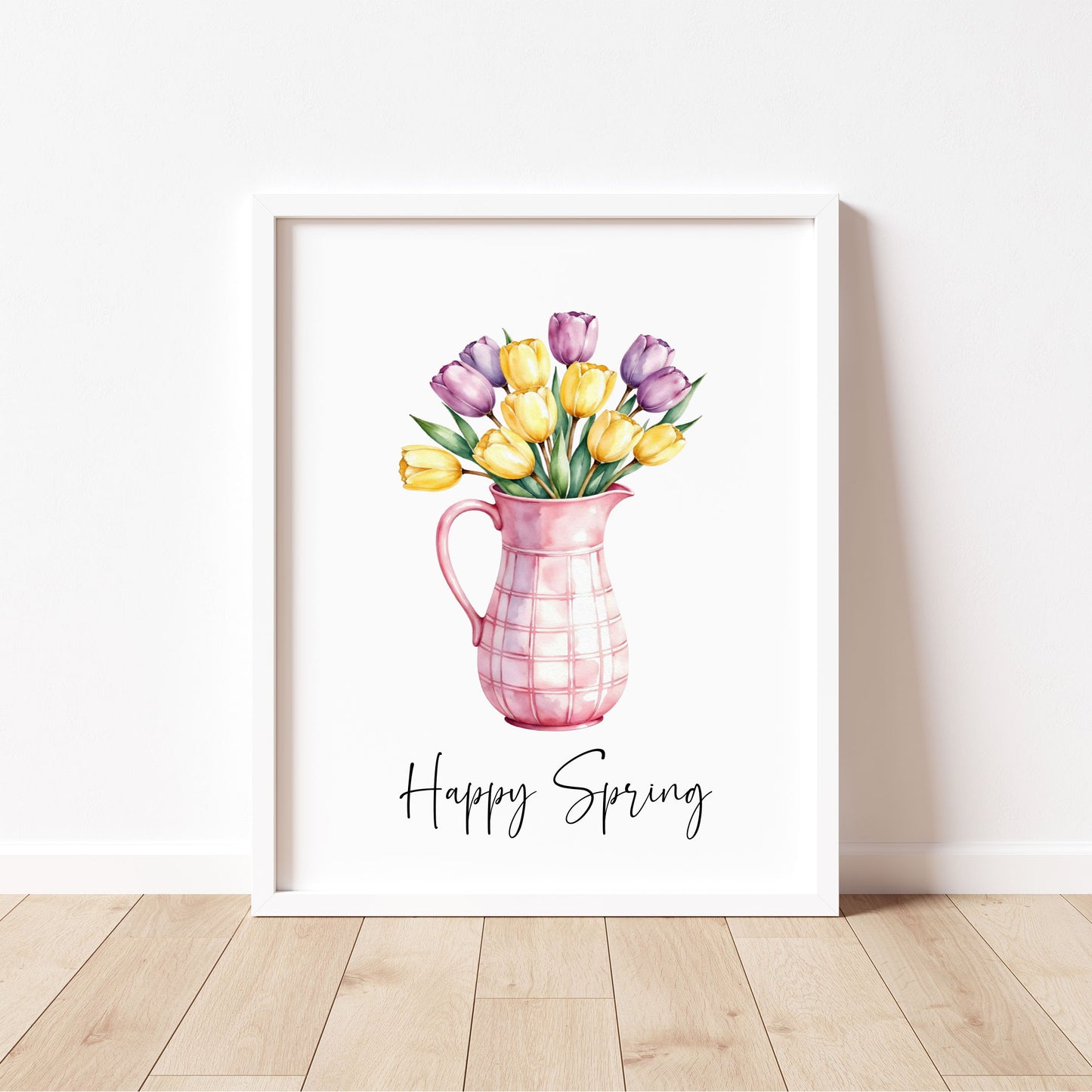 Happy Spring Wall Art Print Floral Tulips Pink Pitcher Kitchen Home Decor (unframed)