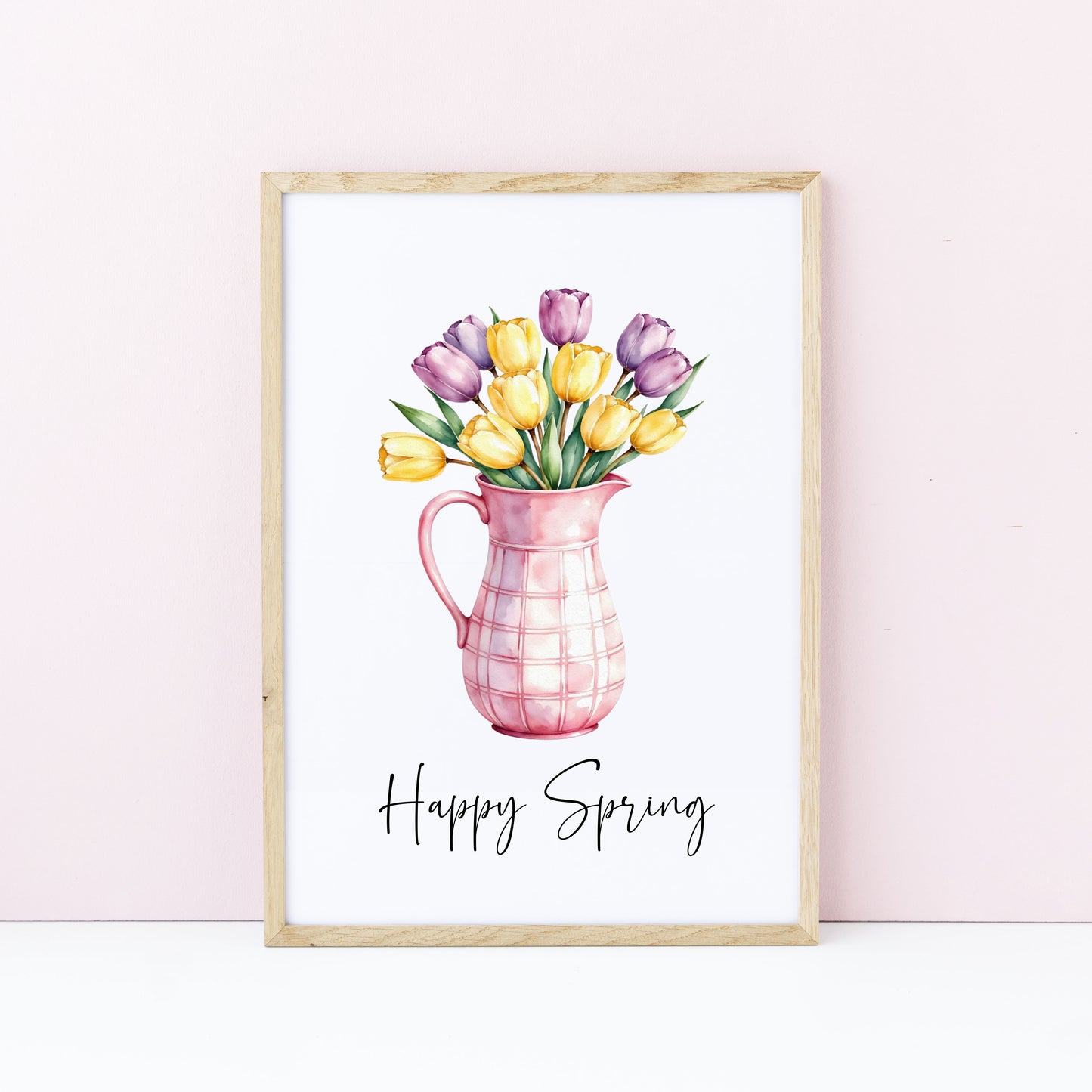 Happy Spring Wall Art Print Floral Tulips Pink Pitcher Kitchen Home Decor (unframed)