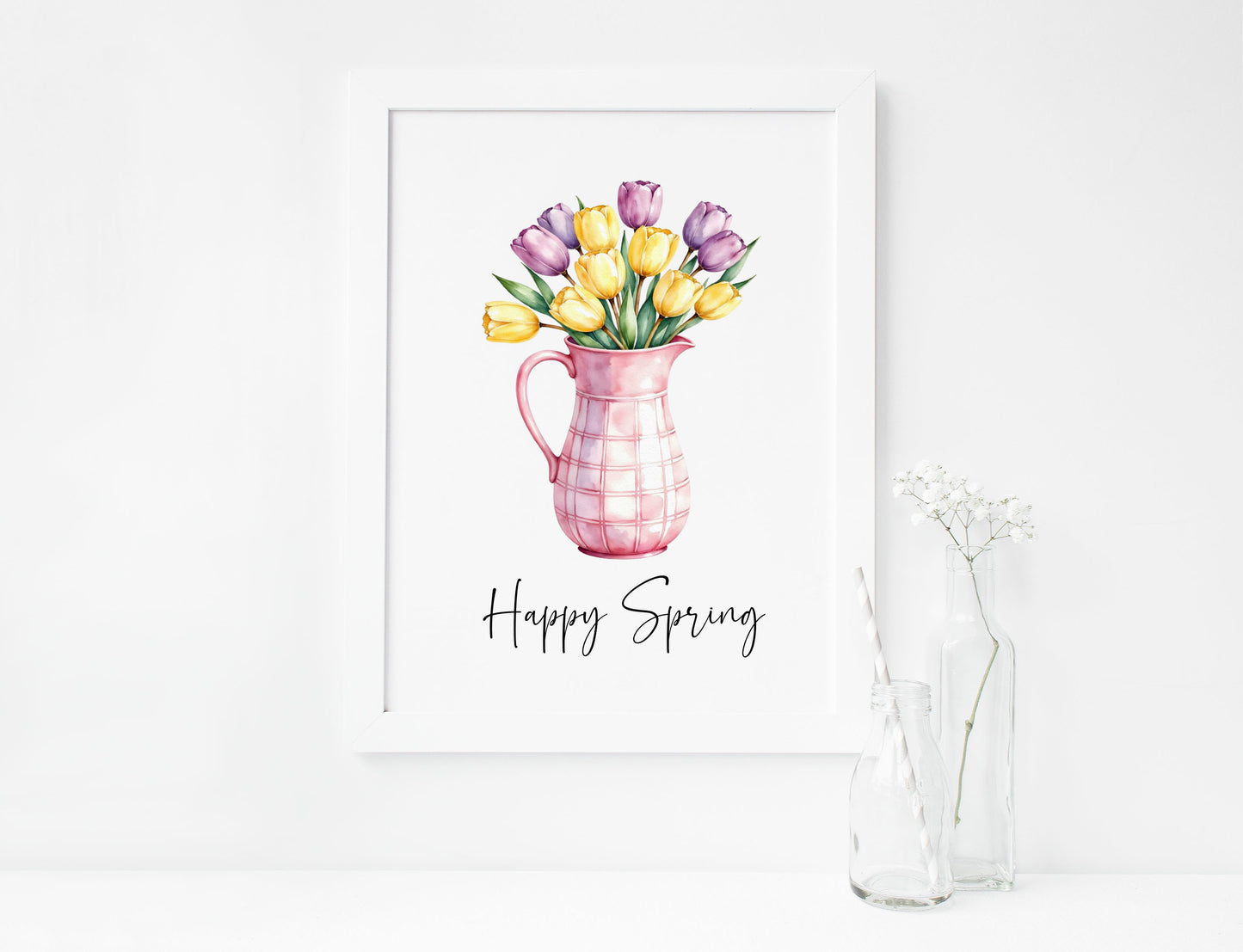 Happy Spring Wall Art Print Floral Tulips Pink Pitcher Kitchen Home Decor (unframed)