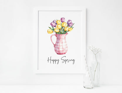 Happy Spring Wall Art Print Floral Tulips Pink Pitcher Kitchen Home Decor (unframed)