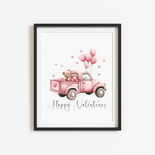 Valentines day print pink truck teddy heart balloons unframed wall art