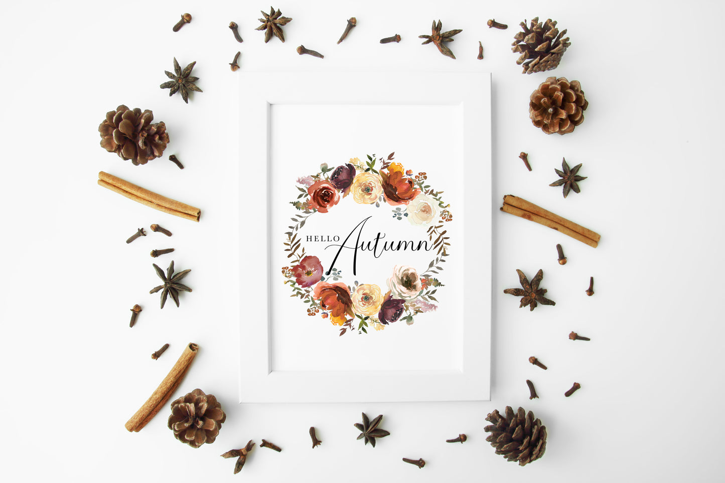 Hello Autumn watercolour floral wreath seasonal fall unframed wall art poster print