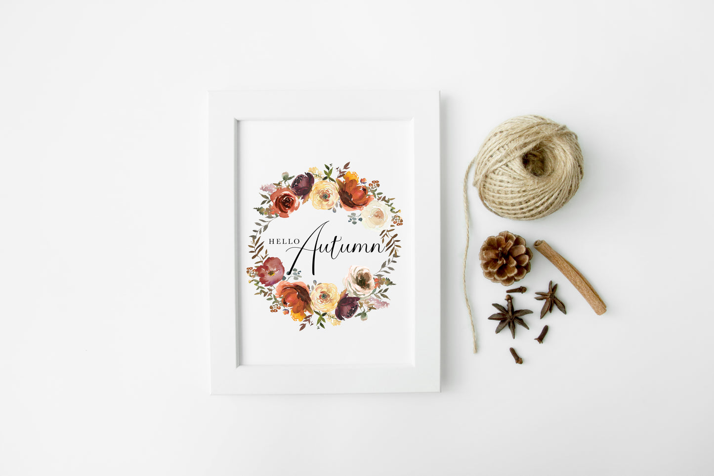 Hello Autumn watercolour floral wreath seasonal fall unframed wall art poster print