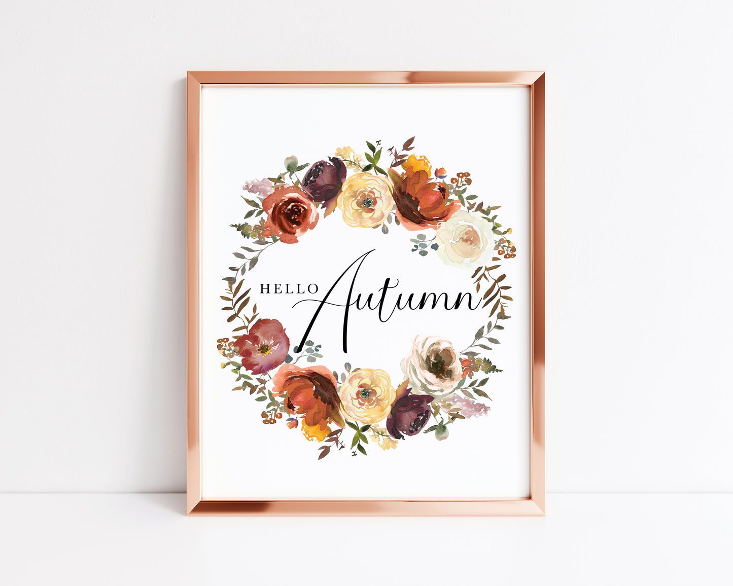 Hello Autumn watercolour floral wreath seasonal fall unframed wall art poster print