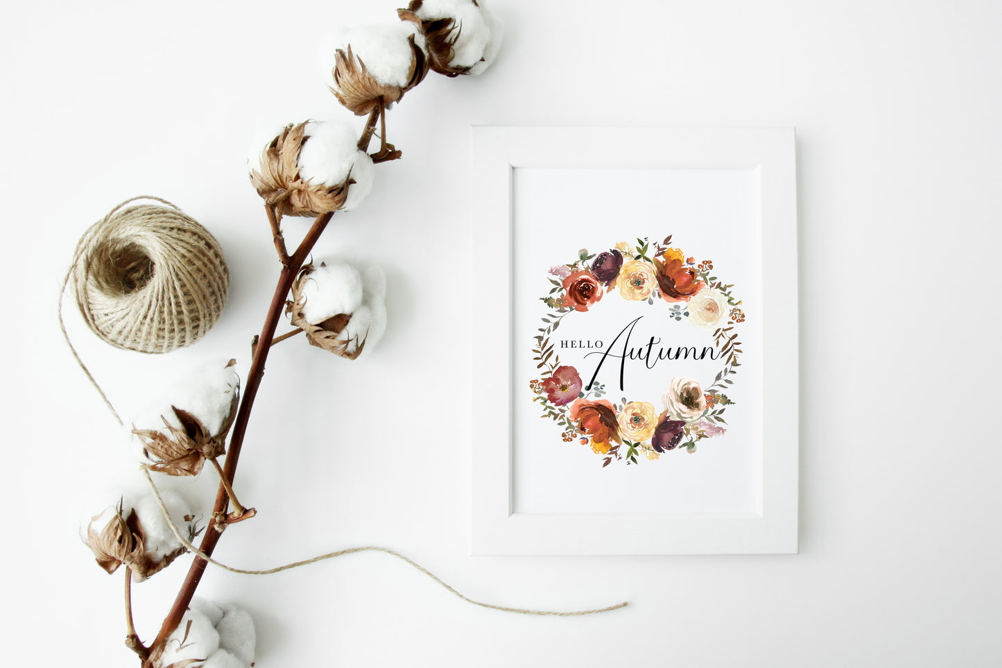 Hello Autumn watercolour floral wreath seasonal fall unframed wall art poster print