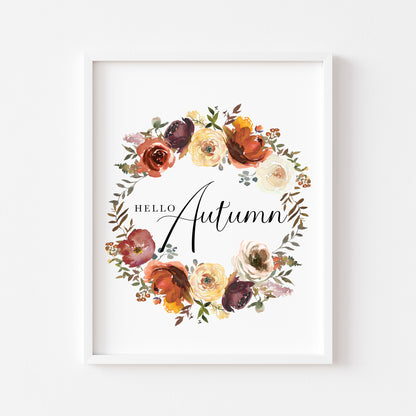 Hello Autumn watercolour floral wreath seasonal fall unframed wall art poster print