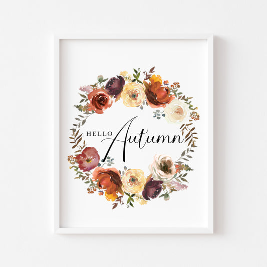 Hello Autumn watercolour floral wreath seasonal fall unframed wall art poster print