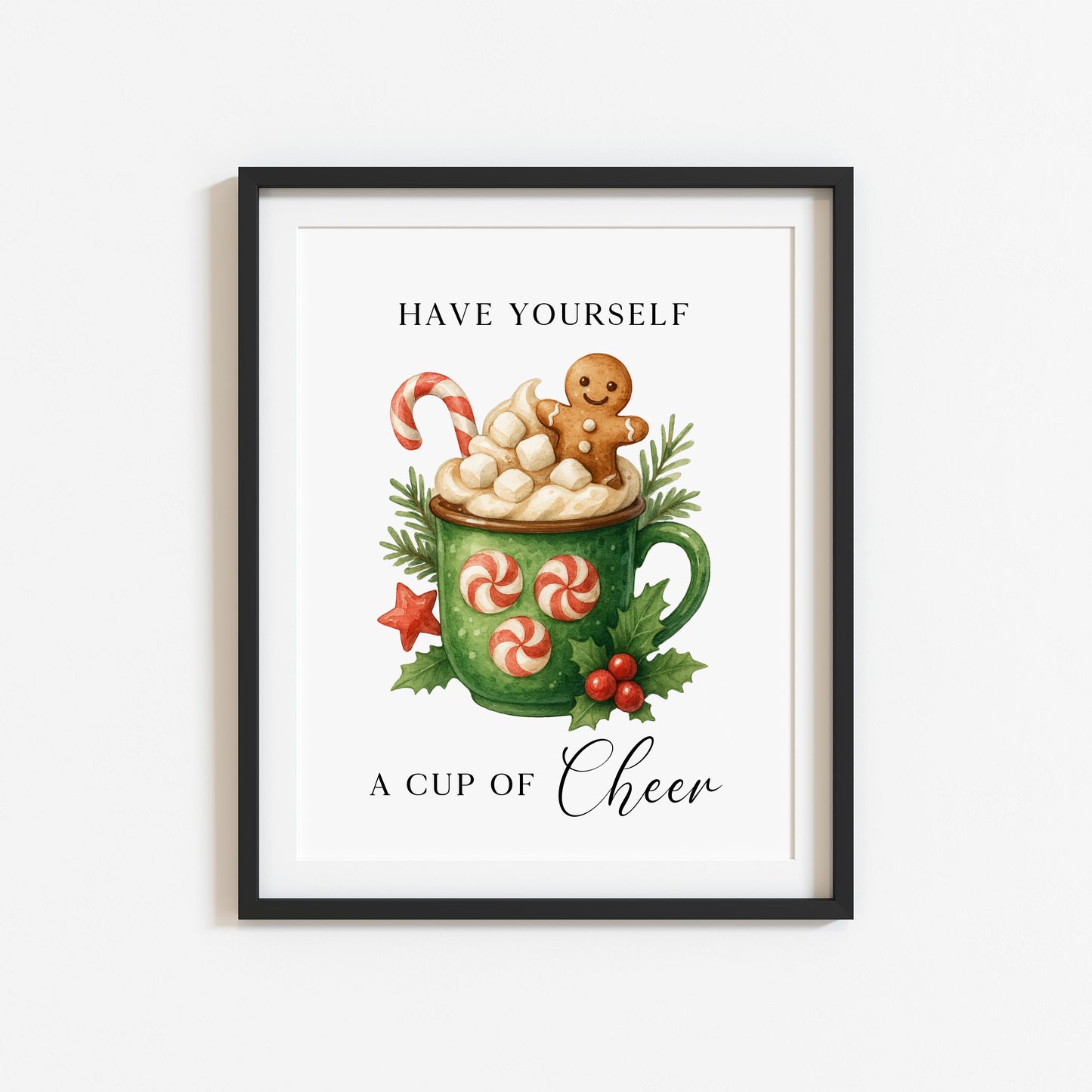 Christmas Print Cup of cheer vintage Red  & Green watercolour hot drinks Wall Art (unframed)
