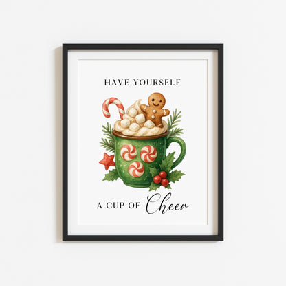 Christmas Print Cup of cheer vintage Red  & Green watercolour hot drinks Wall Art (unframed)