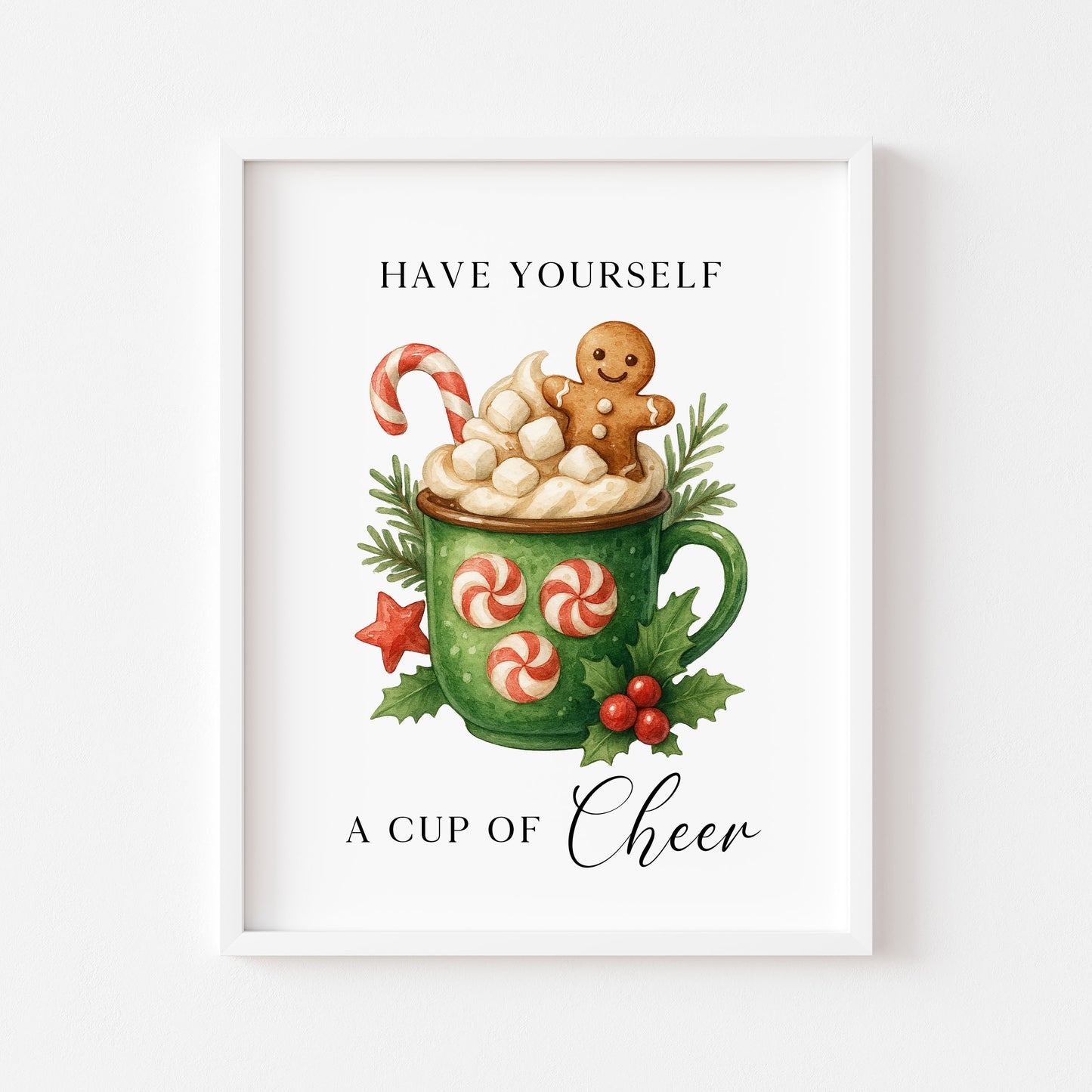 Christmas Print Cup of cheer vintage Red  & Green watercolour hot drinks Wall Art (unframed)