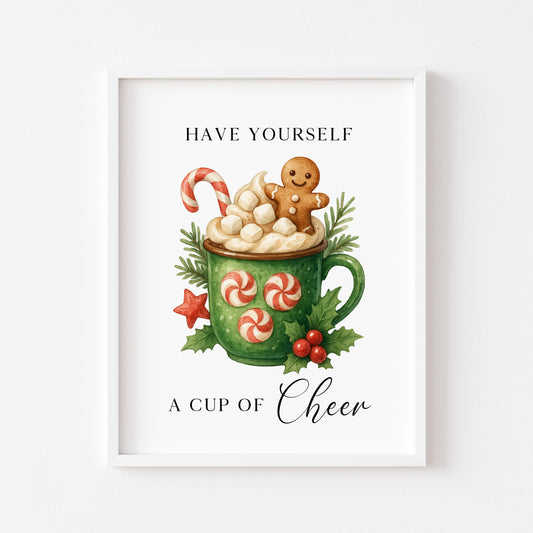 Christmas Print Cup of cheer vintage Red  & Green watercolour hot drinks Wall Art (unframed)
