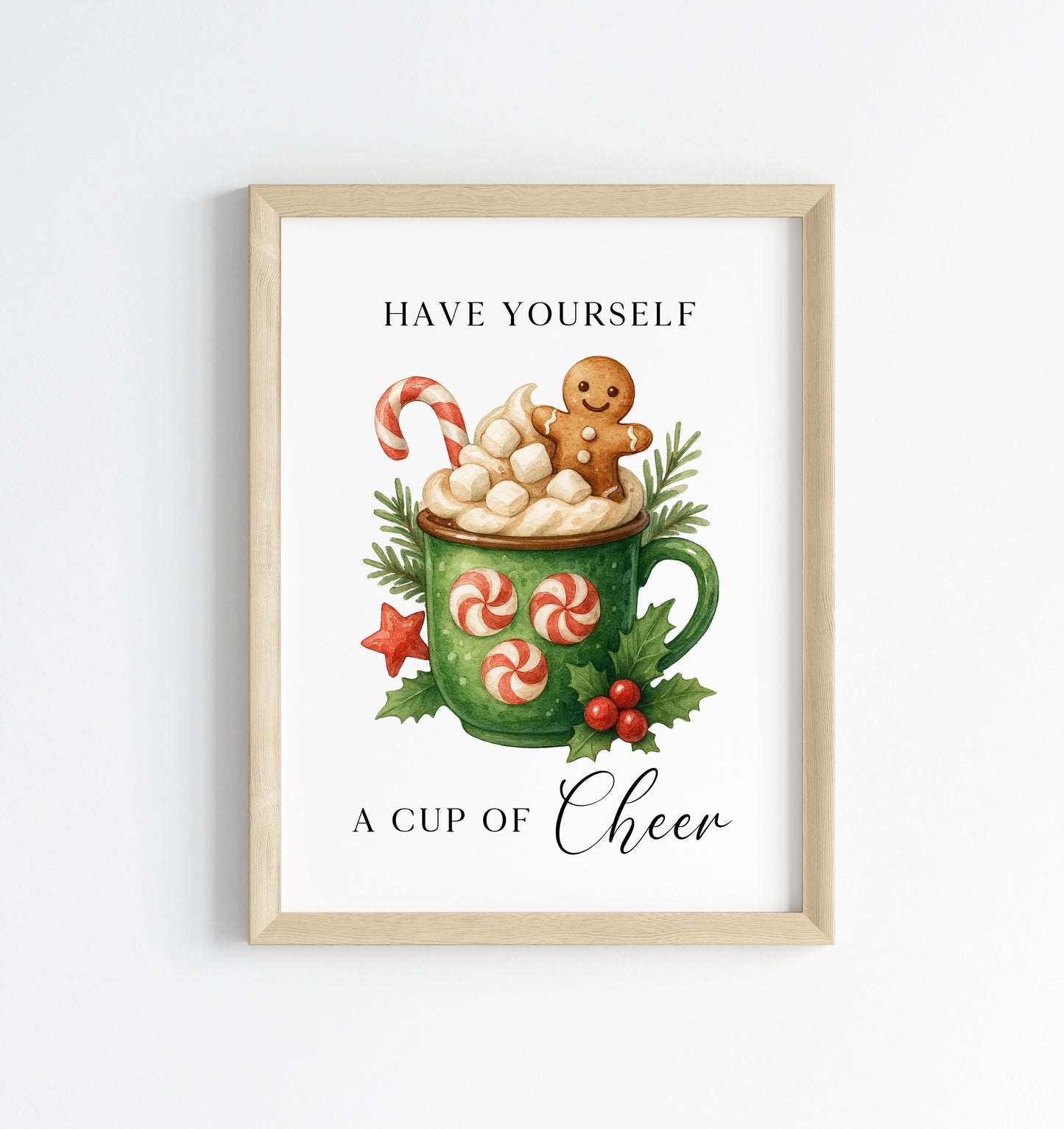 Christmas Print Cup of cheer vintage Red  & Green watercolour hot drinks Wall Art (unframed)