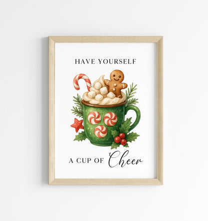 Christmas Print Cup of cheer vintage Red  & Green watercolour hot drinks Wall Art (unframed)