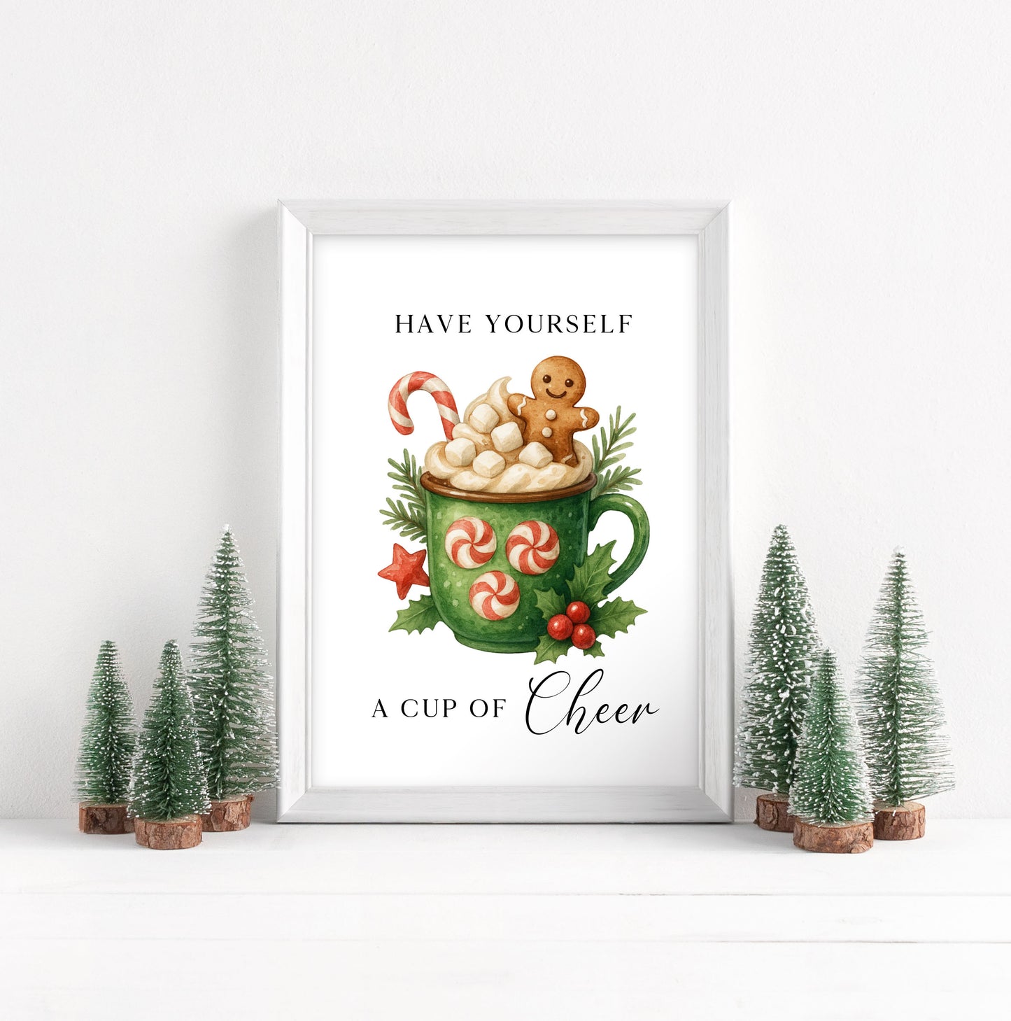 Christmas Print Cup of cheer vintage Red  & Green watercolour hot drinks Wall Art (unframed)