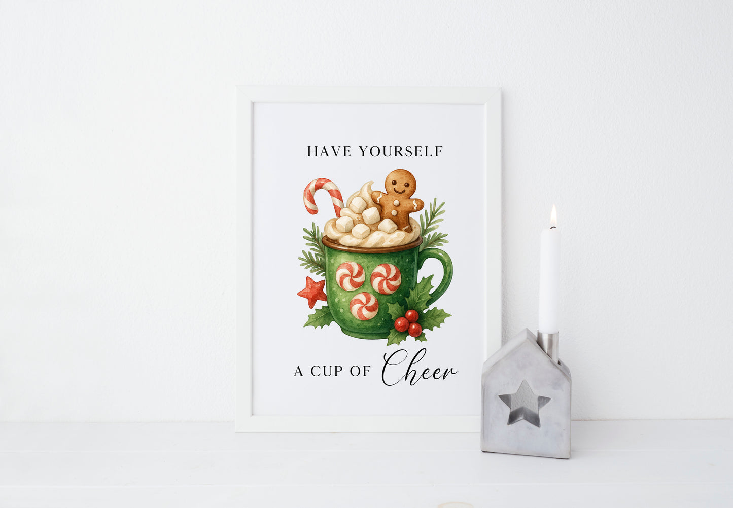 Christmas Print Cup of cheer vintage Red  & Green watercolour hot drinks Wall Art (unframed)