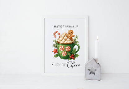 Christmas Print Cup of cheer vintage Red  & Green watercolour hot drinks Wall Art (unframed)