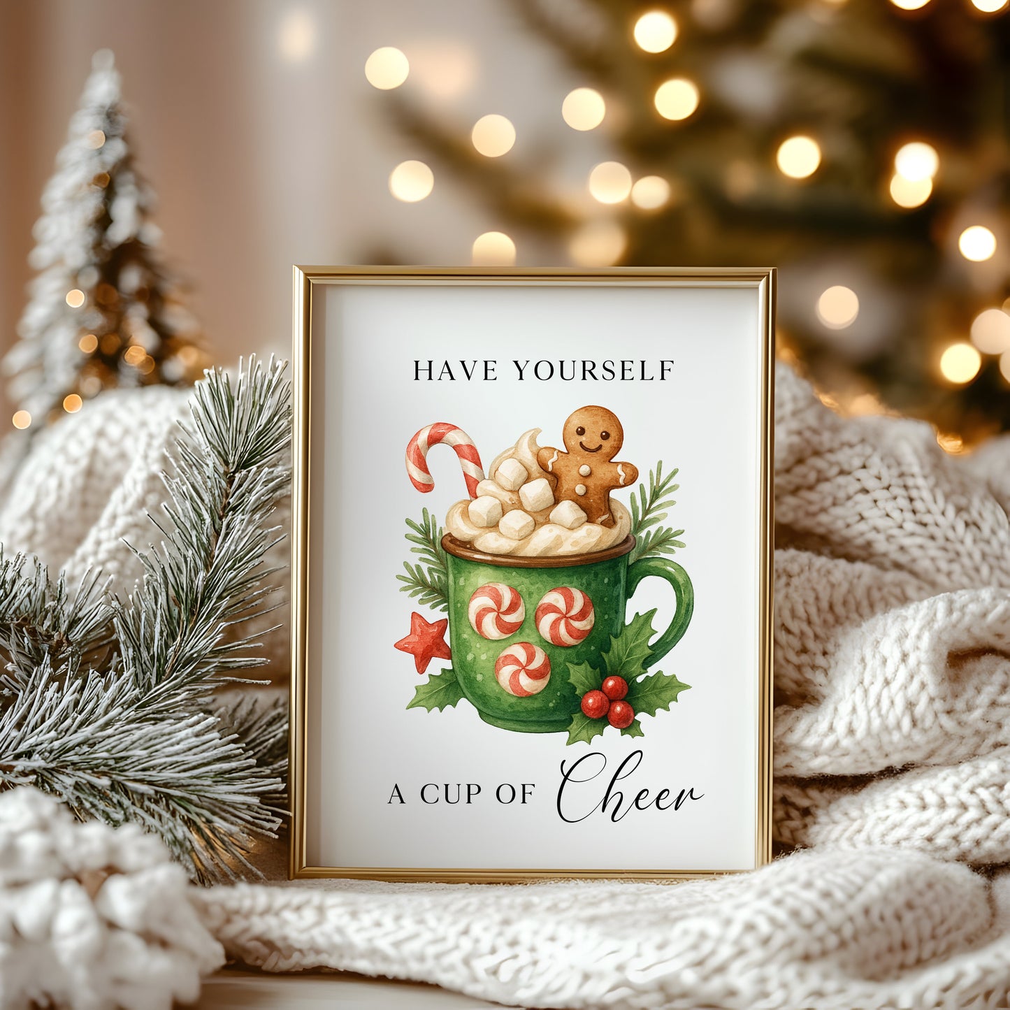 Christmas Print Cup of cheer vintage Red  & Green watercolour hot drinks Wall Art (unframed)