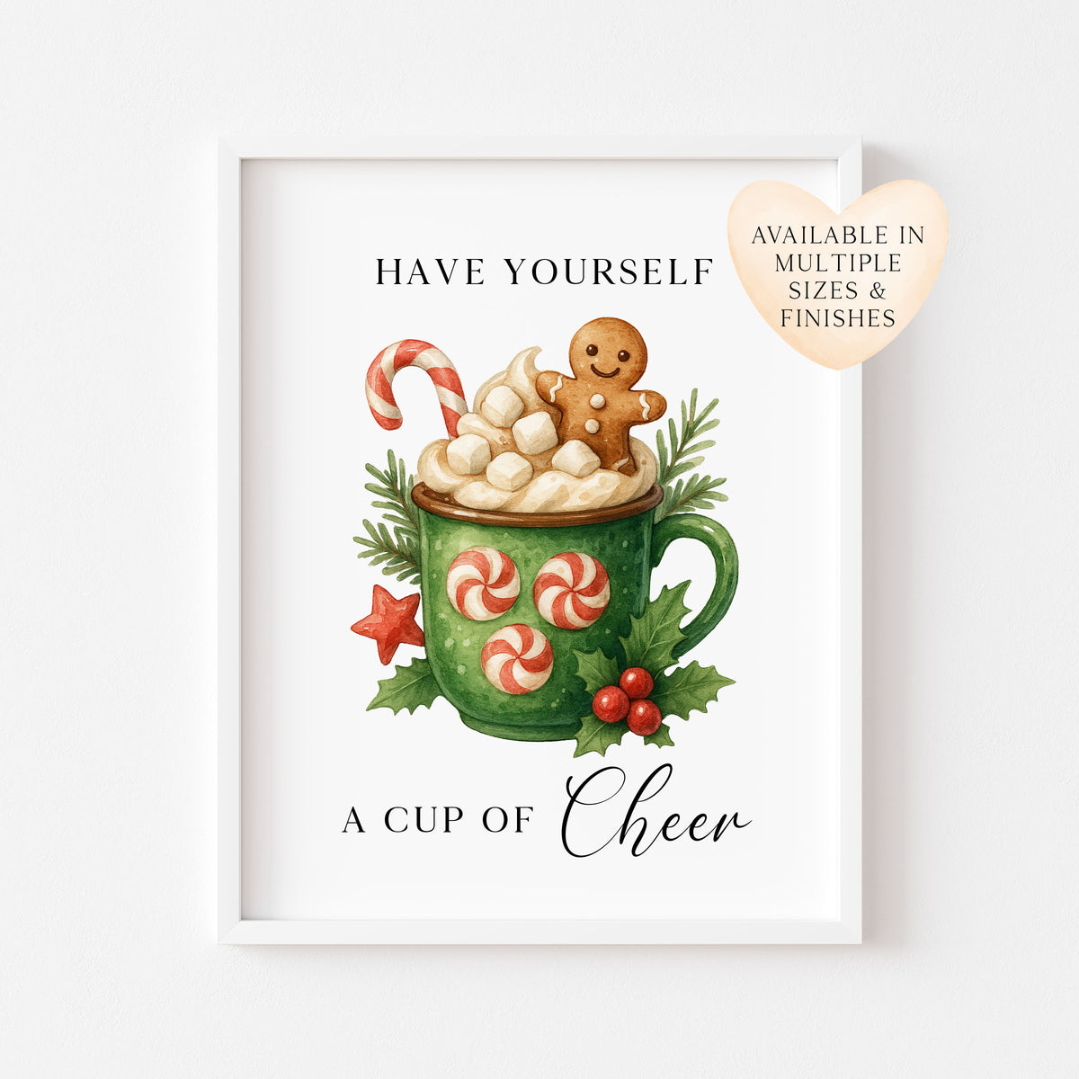 Christmas Print Cup of cheer vintage Red  & Green watercolour hot drinks Wall Art (unframed)